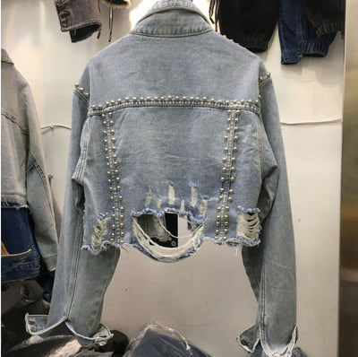 Denim Coat Women's Worn Beaded Jacket Top