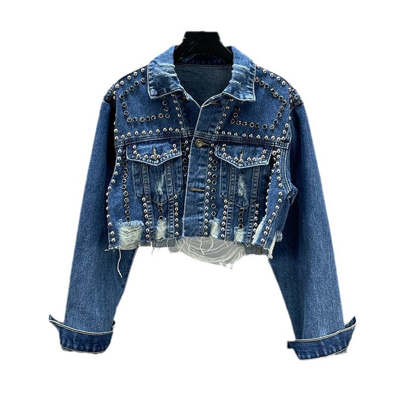 Denim Coat Women's Worn Beaded Jacket Top