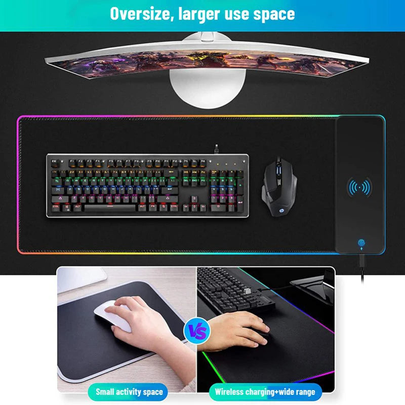 RGB Mouse Pads Starry LED Mouse Pad Wiht Wireless Charger for Mobile Phone Charging Mat 800X300MM for IPhone 13 X/8 Plus Samsung