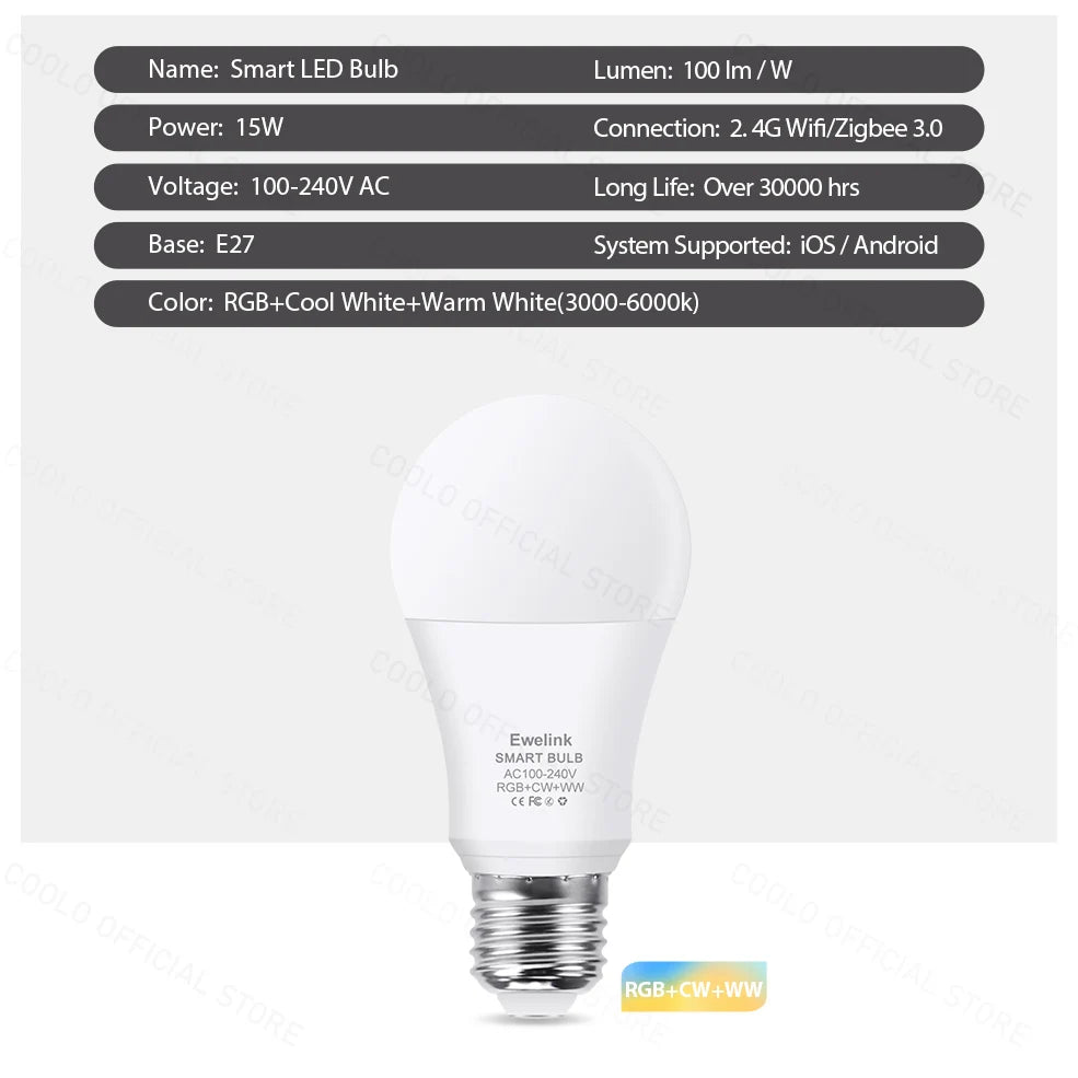 Ewelink E26 E27 Zigbee LED Bulbs Wifi Smart LED Lamp RGB+CW+WW 15W 18W LED Light Bulb Works With Alexa Google Smartthings Yandex