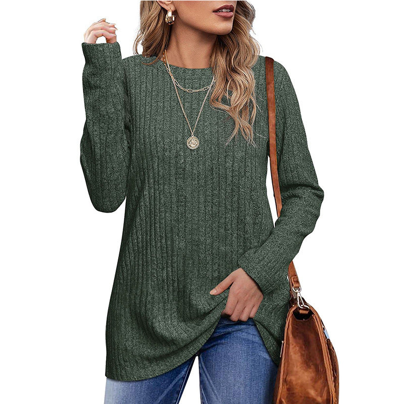 New Autumn And Winter Round Neck Brushed Sunken Stripe Solid Color Top Long Sleeve Women's T-shirt