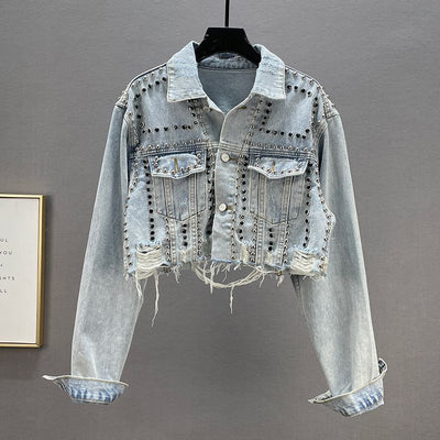 Denim Coat Women's Worn Beaded Jacket Top