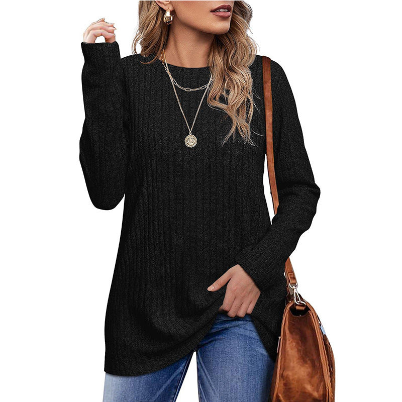 New Autumn And Winter Round Neck Brushed Sunken Stripe Solid Color Top Long Sleeve Women's T-shirt