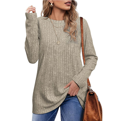 New Autumn And Winter Round Neck Brushed Sunken Stripe Solid Color Top Long Sleeve Women's T-shirt