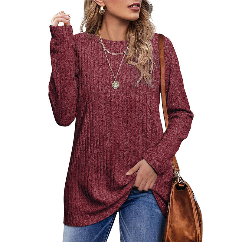 New Autumn And Winter Round Neck Brushed Sunken Stripe Solid Color Top Long Sleeve Women's T-shirt